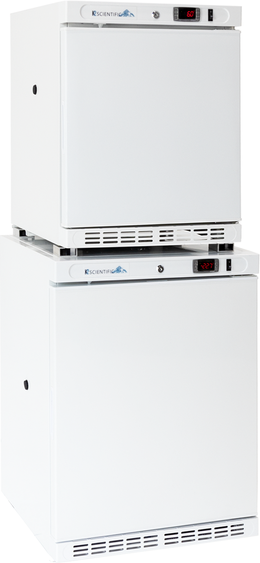 combination 2 cubic foot solid door refrigerator and 4 cubic foot solid door freezer