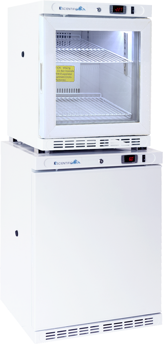 combination 2 cubic foot glass door refrigerator and 4 cubic foot solid door freezer