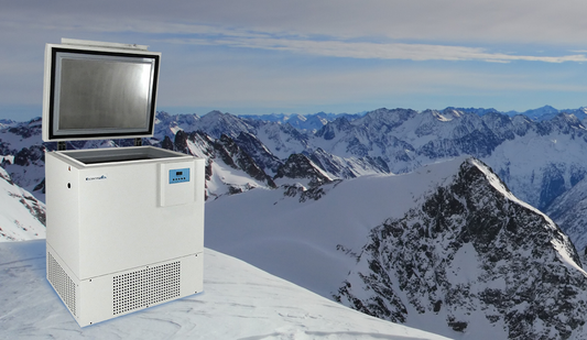 5 cubic foot ultra low temperature chest style freezer on a mountain