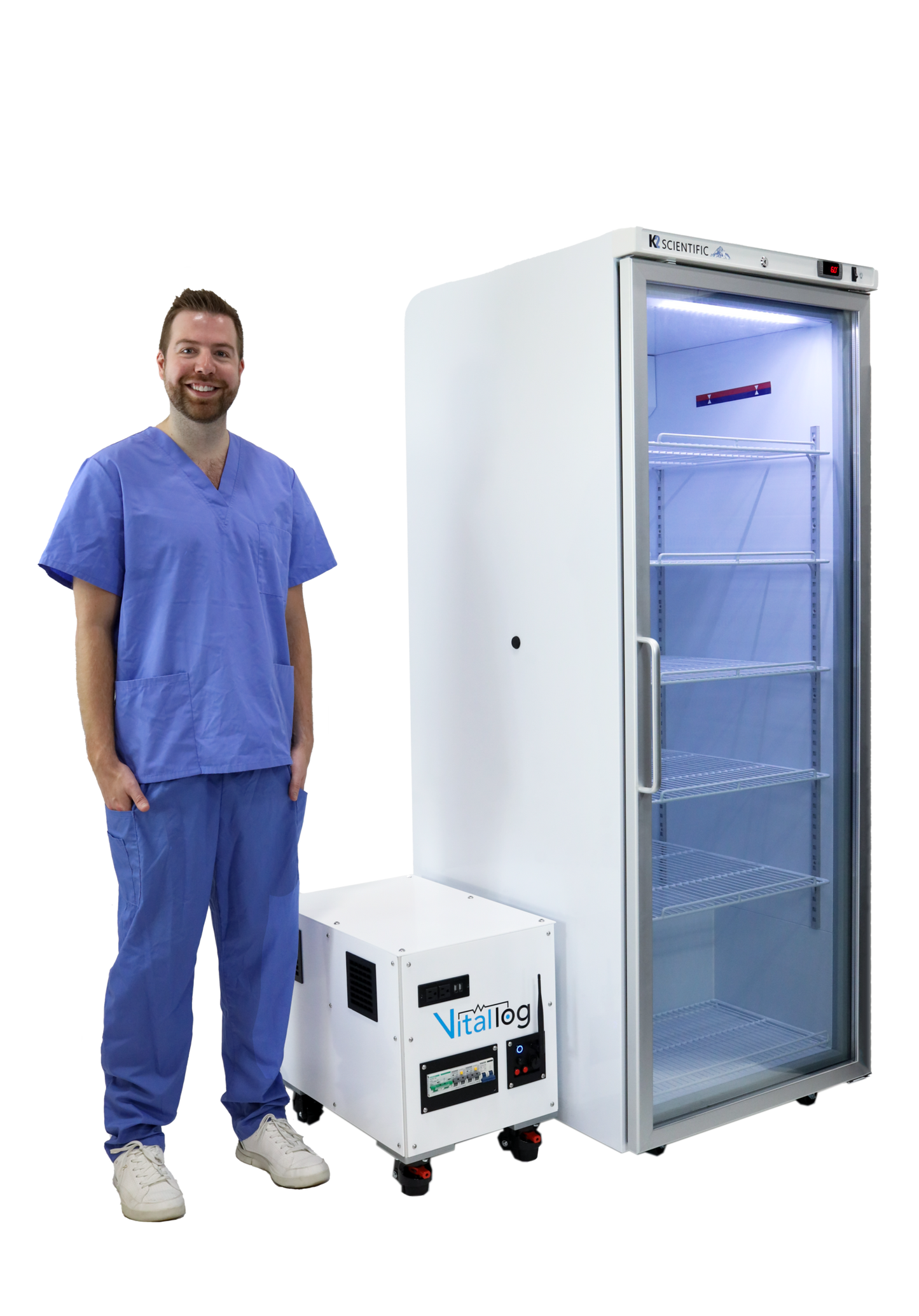 a doctor standing next to the vitallog 7kwh battery backup and 24 cu ft glass door refrigerator