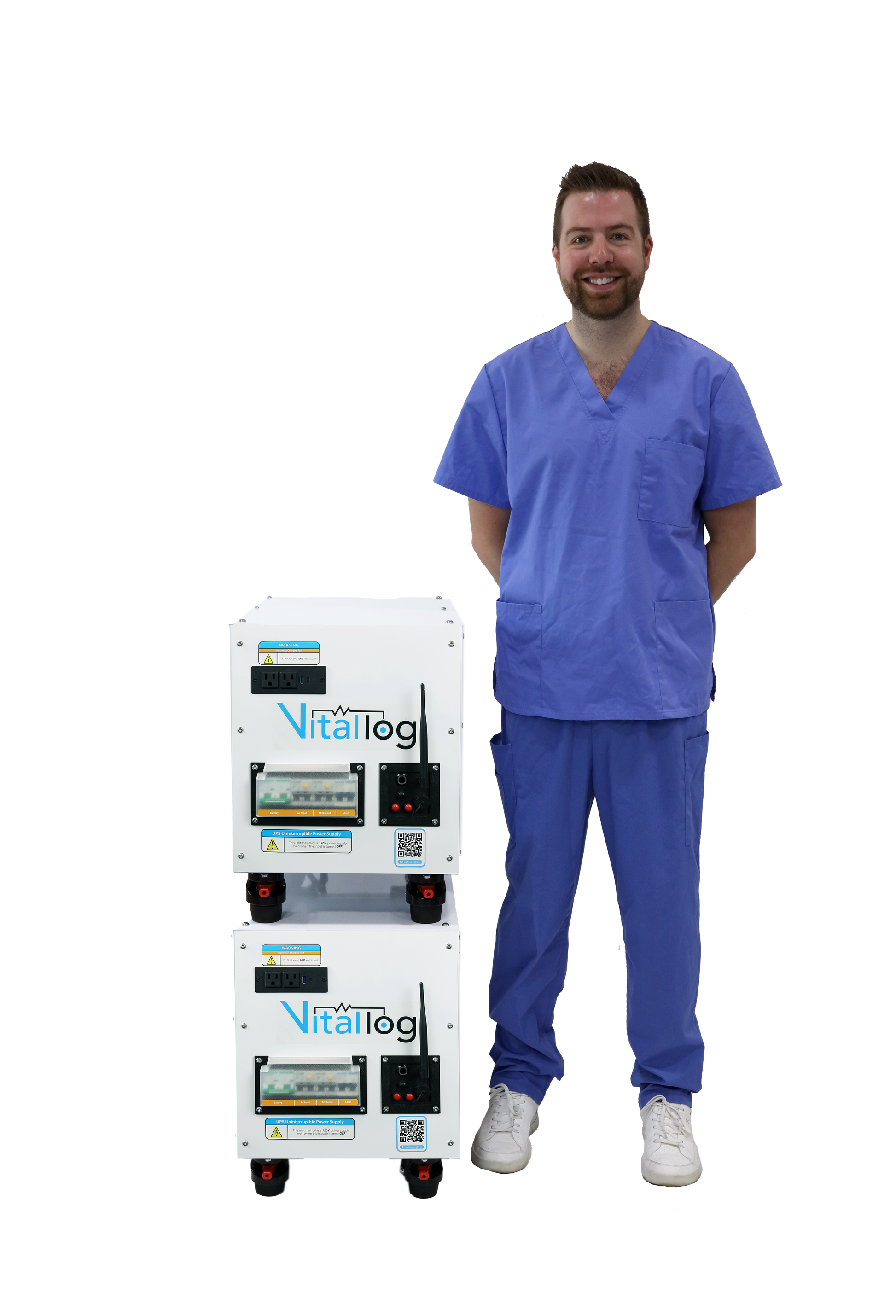 a doctor standing next to two of the 7kwh battery backups stacked on top of each other